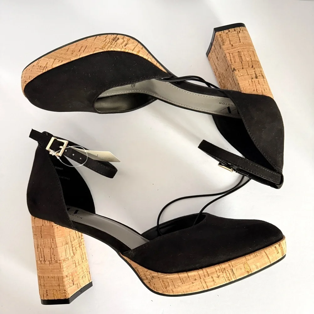 Worthington Woman’s Panama Block Heels in Black Faux Suede Cork Platform Size 9M